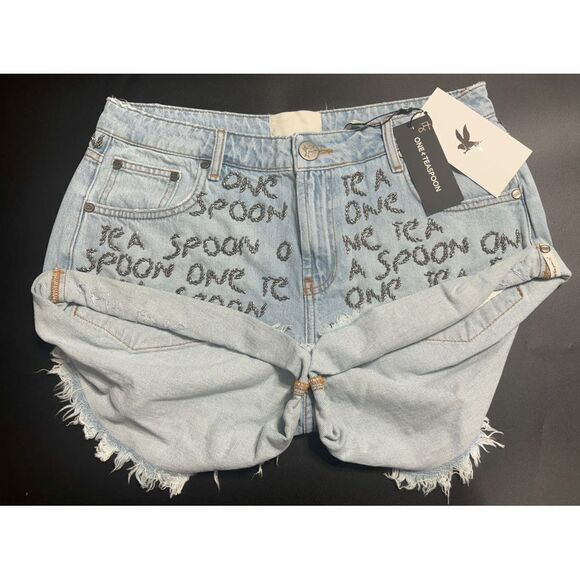 OneTeaspoon NWT Hand‎ Embellished Bandit Low Rise Denim Shorts in Blue Size 28 - Picture 1 of 4